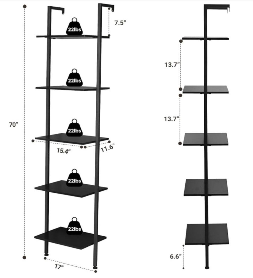 5 Tier Ladder Shelf Wall Mounted Bookshelf Metal Frame Black 70" Tall